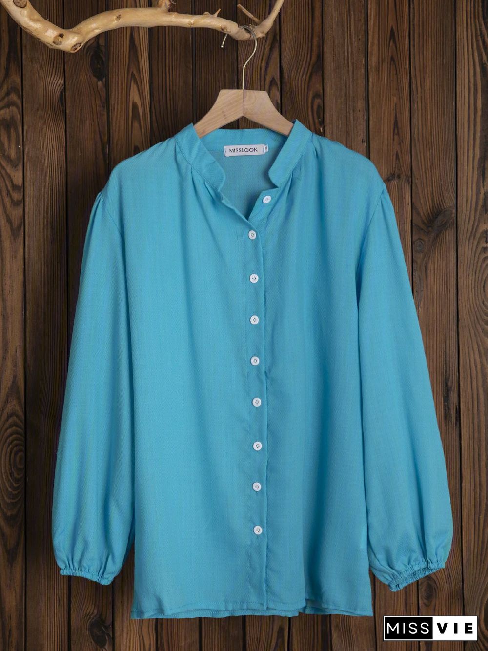 Plain V Neck Holiday Buttoned 3/4 Sleeve Blouse