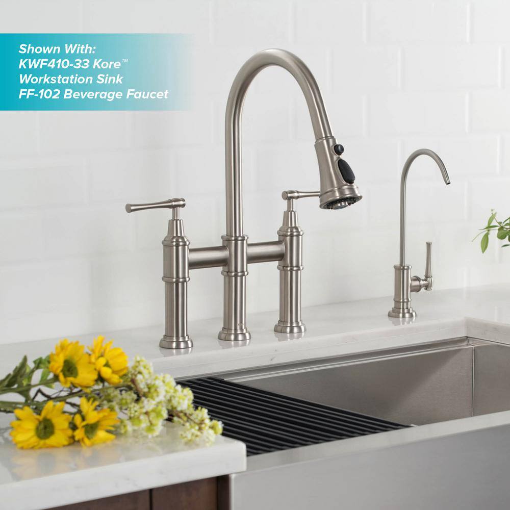 KRAUS Allyn Double Handle Transitional Bridge Kitchen Faucet with Pull-Down Sprayhead in Spot Free Stainless Steel KPF-3121SFS