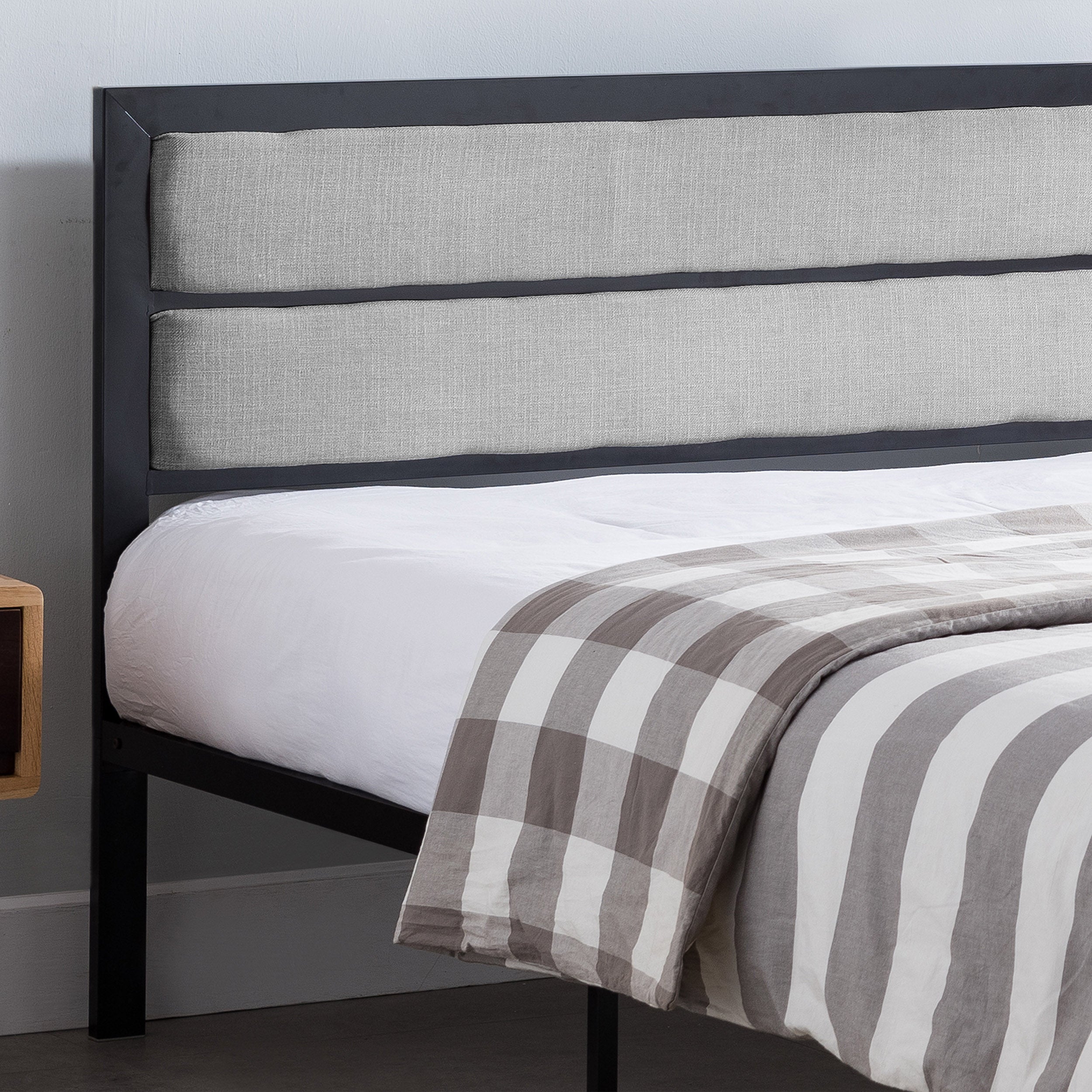 Kiran Minimalistic Modern Iron Queen Bed Frame with Fabric Upholstered Headboard