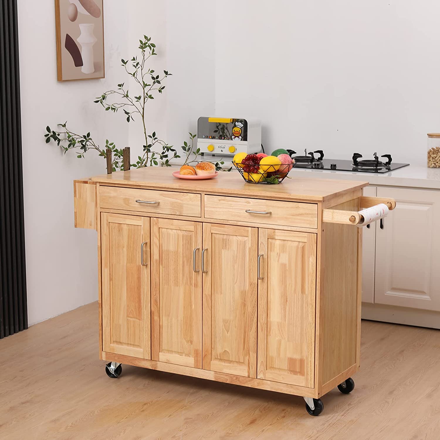 Yoleny Wooden Sideboard Buffet Cabinet with Wheels， Rolling Kitchen Cart with Drawers 54