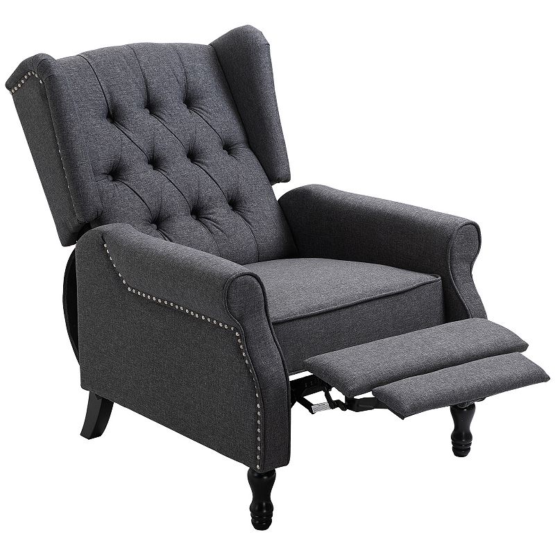 HOMCOM Fabric Upholstered Wingback Recliner Tufted Back Linen Arm Chair with Footrest Armrest Padded Cushion Dark Grey