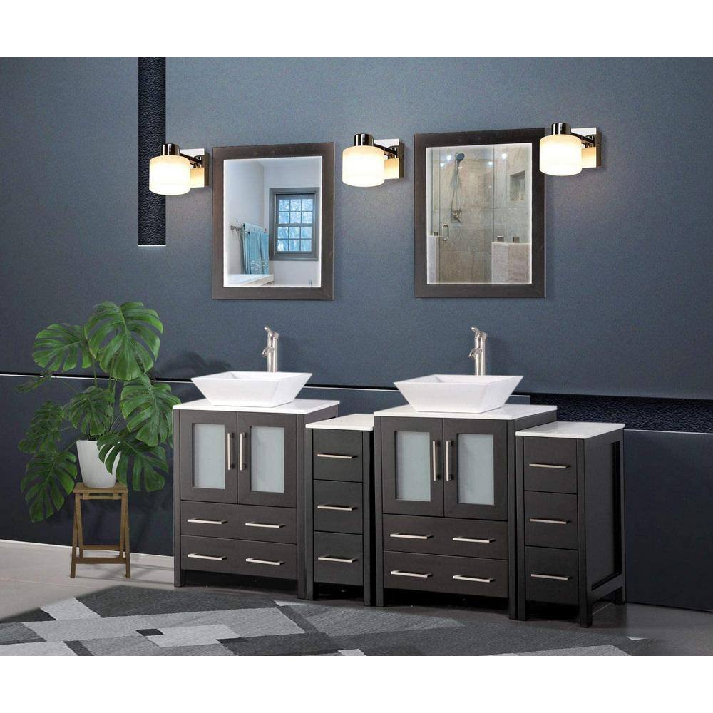 Vanity Art Ravenna 72 in. W Bathroom Vanity in Espresso with Double Basin in White Engineered Marble Top and Mirror VA3124-72E