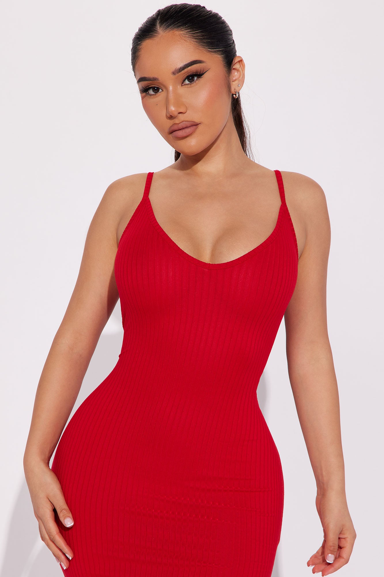 Brenda Ribbed Midi Dress - Red