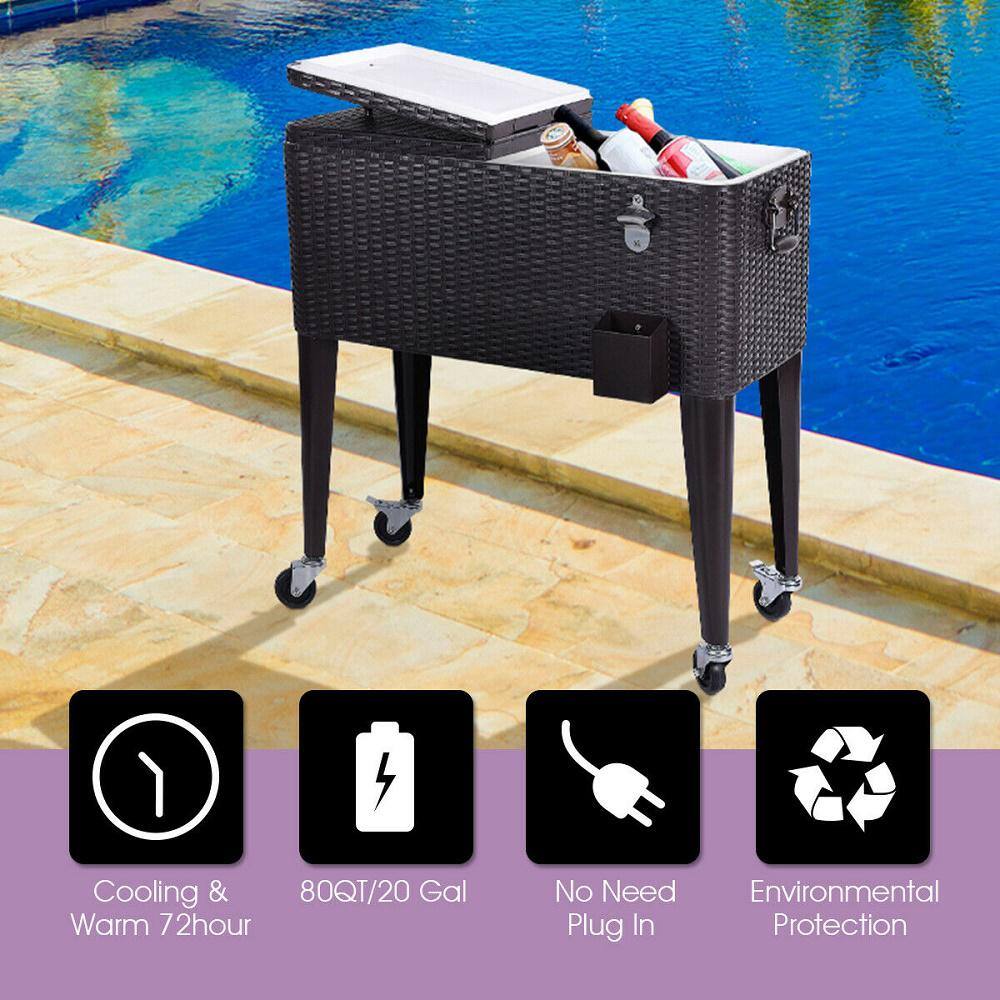 Costway Outdoor Rattan 80QT Party Portable Rolling Cooler Cart Ice Beer Beverage Chest GHM0451