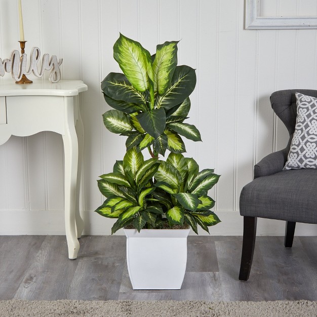 Nearly Natural 46-in Golden Dieffenbachia Artificial Plant In White Metal Planter