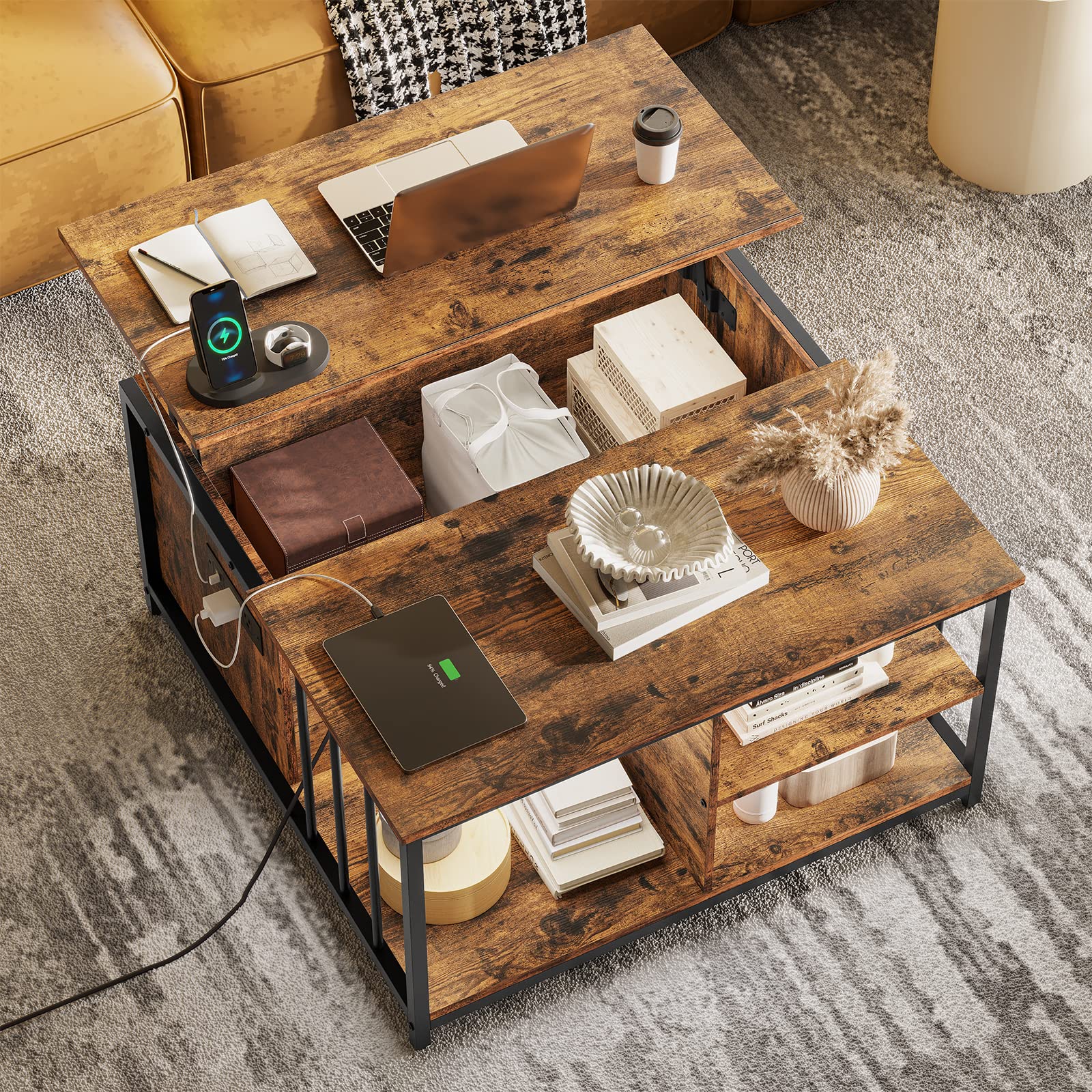 AOGLLATI Lift Top Coffee Table With Storage, Hidden Compartment and Open Shelf, Farmhouse Coffee Table With Charging Station, Wood Lift Tabletop Central Table With Door for Living Room, Brown