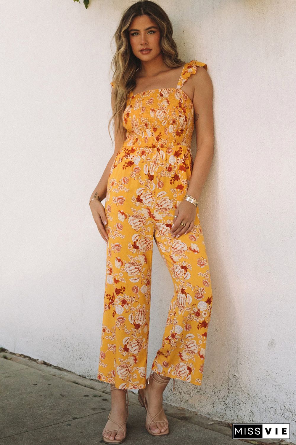 Yellow Floral Print Ruffle Shoulder Smocked Wide Leg Jumpsuit