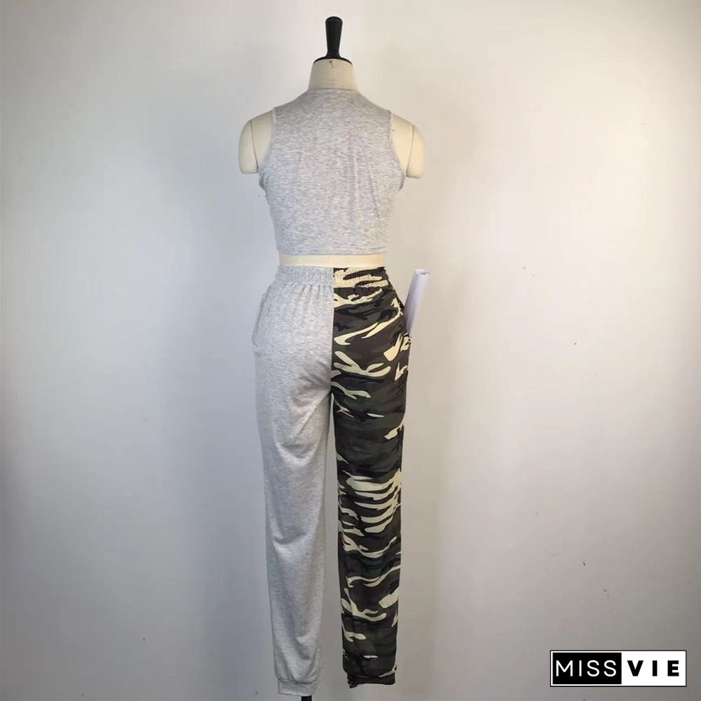 Crop Tank Top And Camouflage Print Pants Outfits