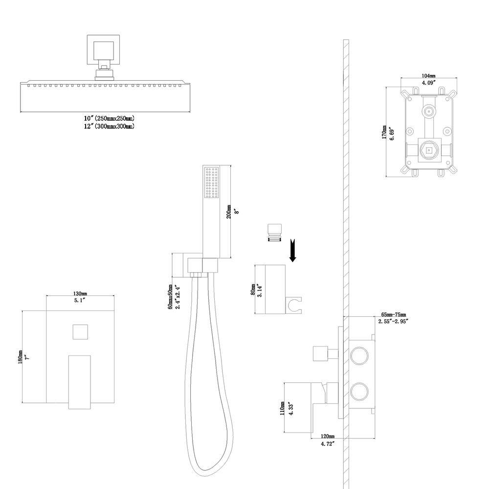 LORDEAR 2-Spray Patterns 12 in. Square Wall Mounted Luxury Rain Mixer Shower Combo Set Rainfall Dual Shower Heads in Black H-SLF16006-B