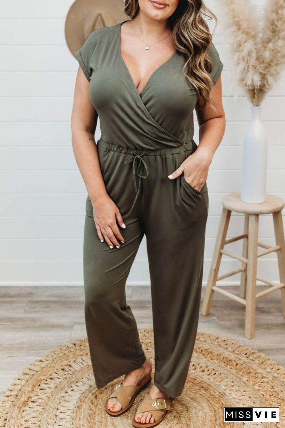 Green Drawstring Straight Leg Wrap V Neck Plus Size Jumpsuit