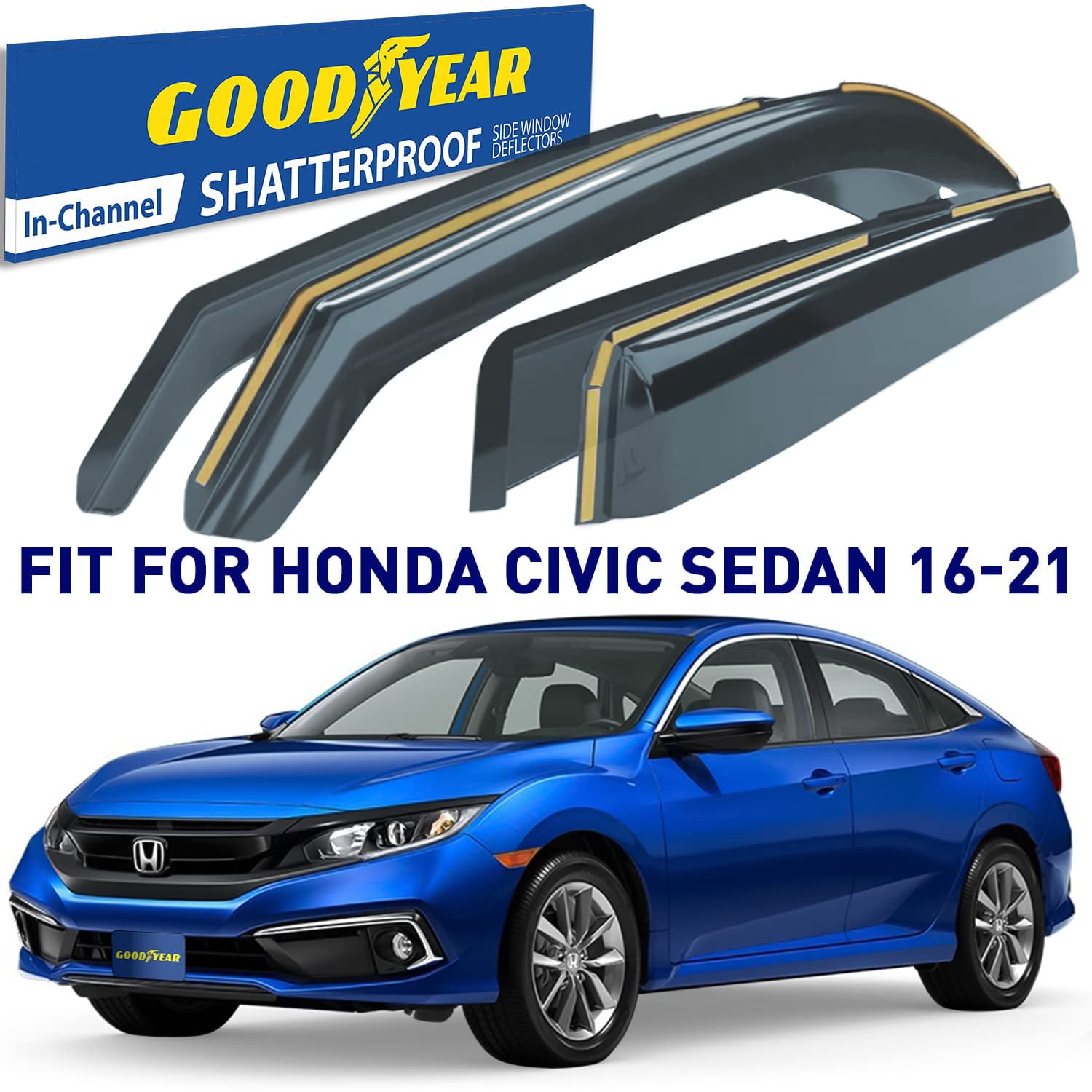 Goodyear Shatterproof in-Channel Window Deflectors for Honda Civic 2016-2021 Sedan， Rain Guards， Window Visors for Cars， Vent Deflector， Car Accessories， 4 pcs - GY003457LP