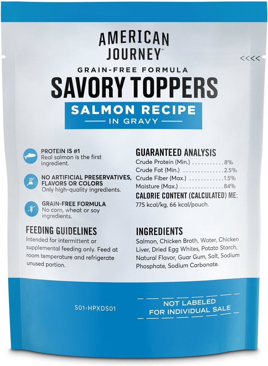 American Journey Savory Toppers Salmon Recipe in Gravy Grain-Free Dog Food Topper， 3-oz pouches， case of 24