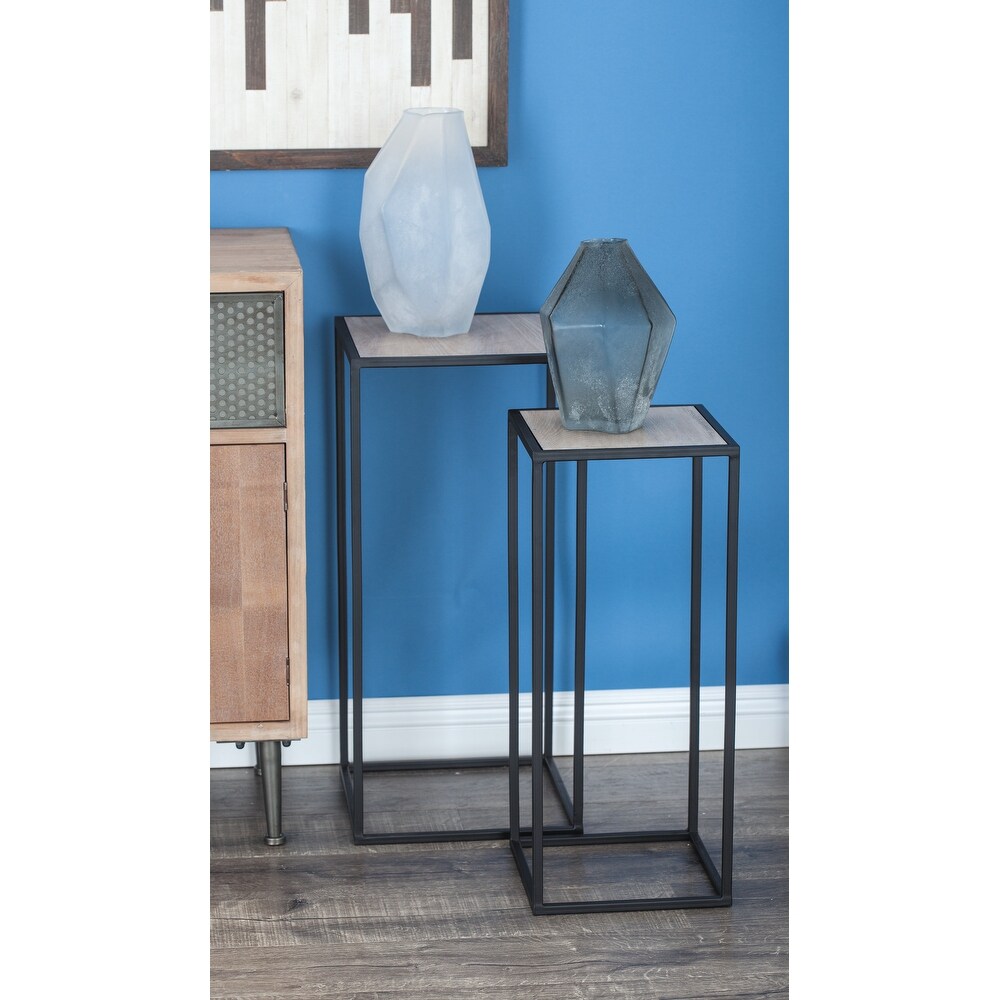 Black Metal Contemporary Accent Table with Brown Wood Tops (Set of 2)   13 x 13 x 28