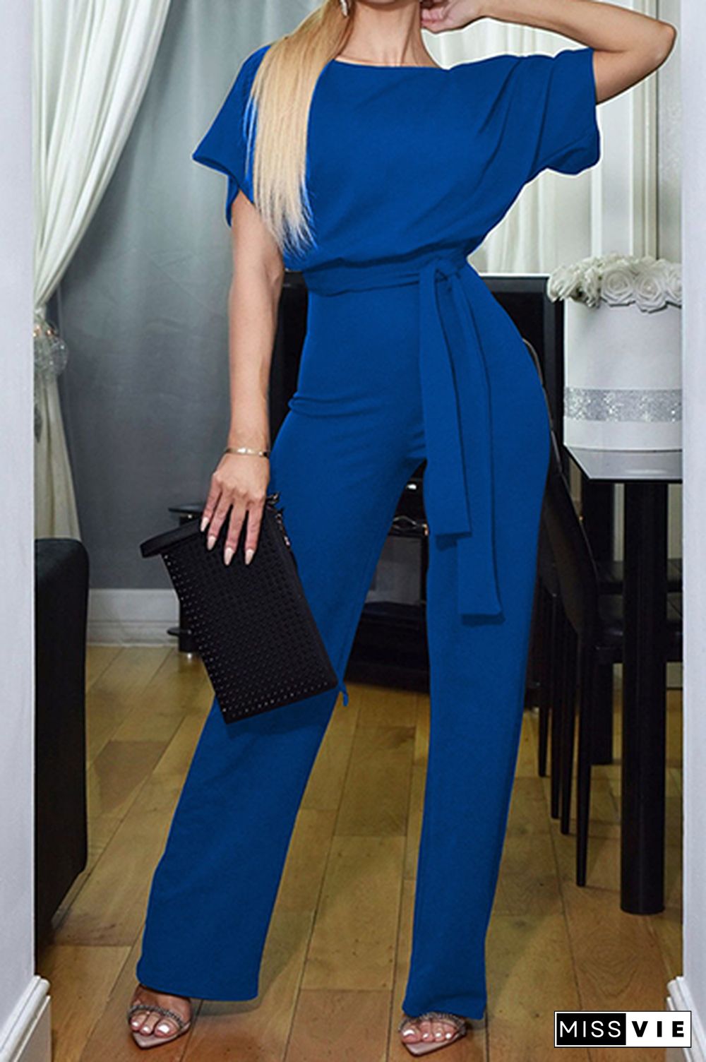 Casual Elegant Solid Patchwork Strap Design O Neck Straight Jumpsuits