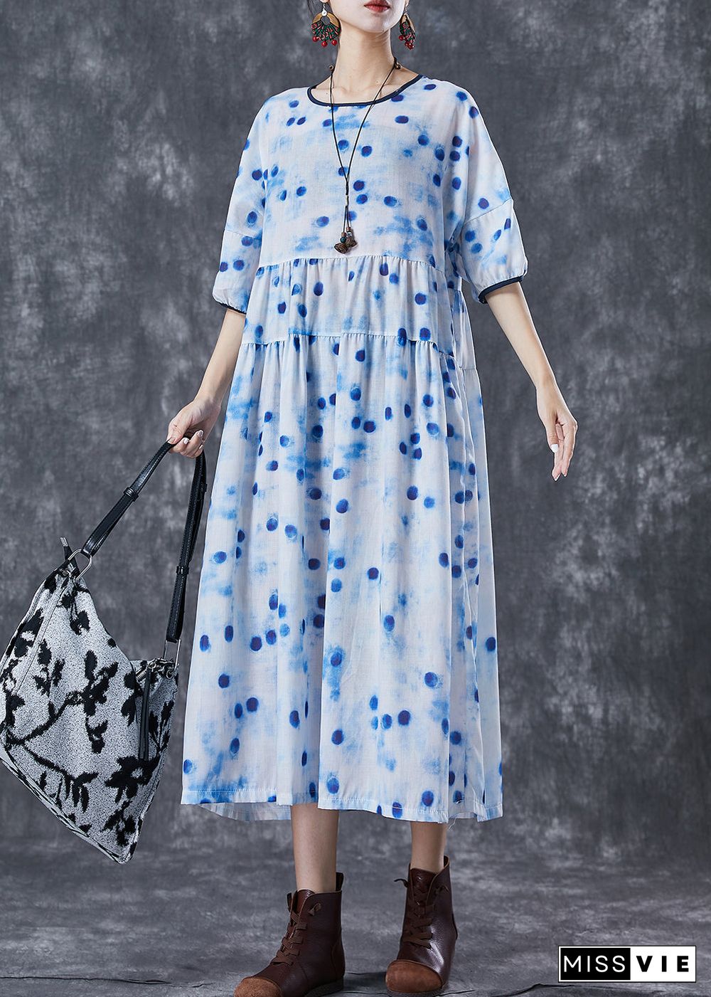 Elegant Blue Dot Oversized Patchwork Linen Maxi Dresses Summer