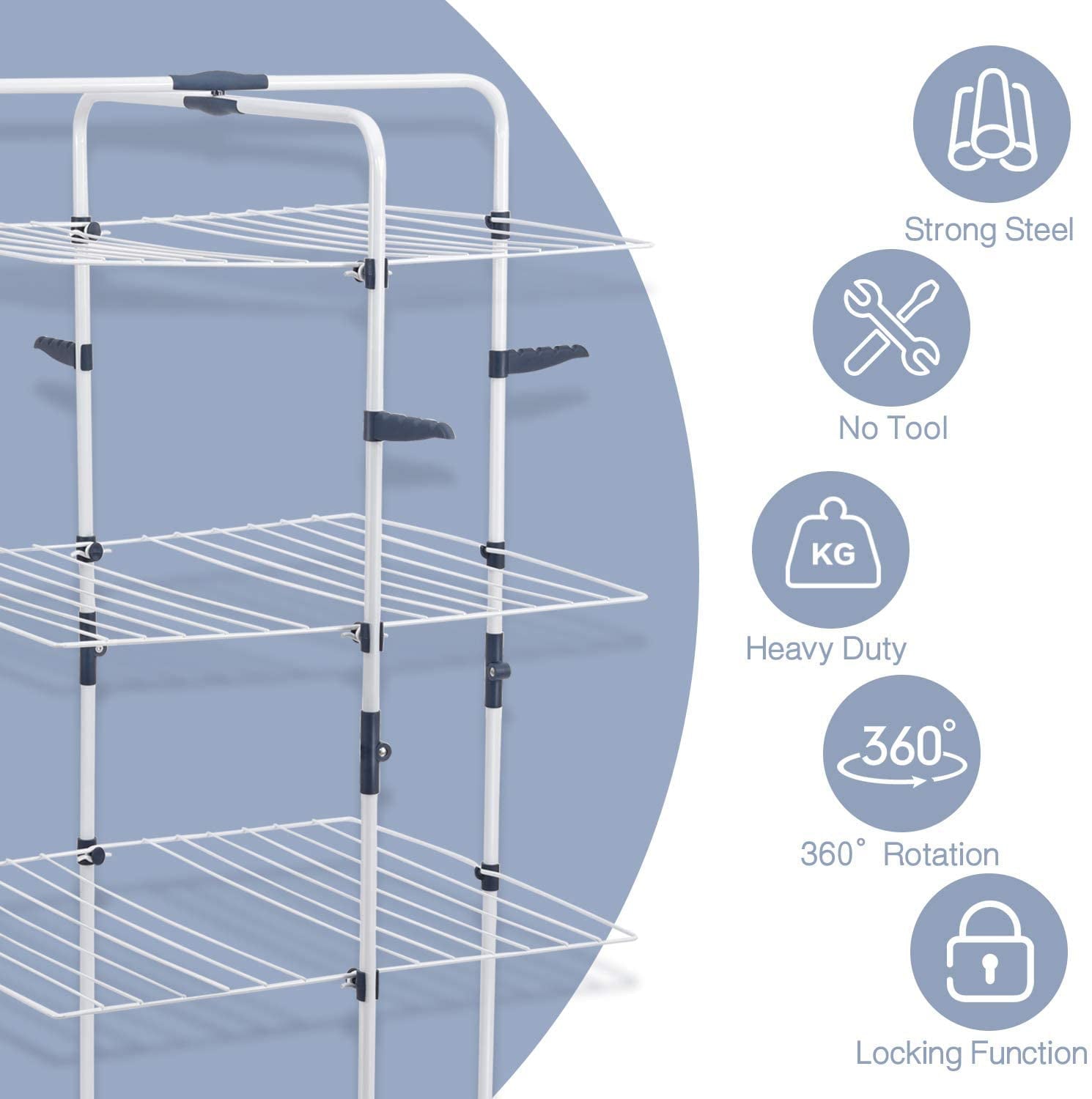 Kingrack Clothes Drying Rack, 3-Tier Folding Indoor Laundry Drying Rack with Wheels 4 Hooks, Metal, White