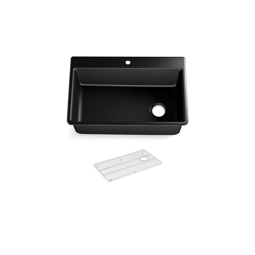 KOHLER Kennon Dual Mount Neoroc Granite Composite 33 in. 1-Hole Single Bowl Kitchen Sink in Matte Black with Basin Rack K-8437-1-CM1