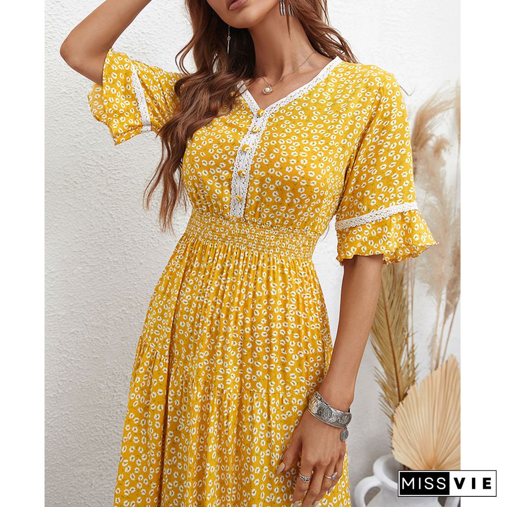 Elegant Floral Print Dress Women Summer Dresses New V-Neck Short Flared Sleeve Single-Breasted Ruffle Midi Dress