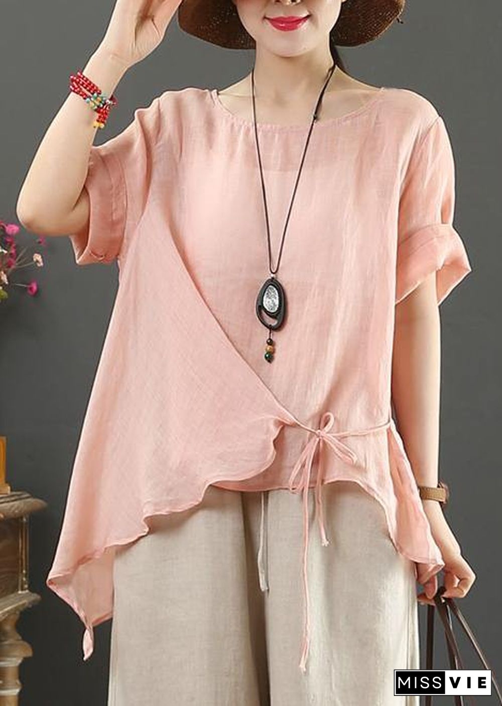 Italian o neck asymmetric cotton linen clothes pink silhouette blouses