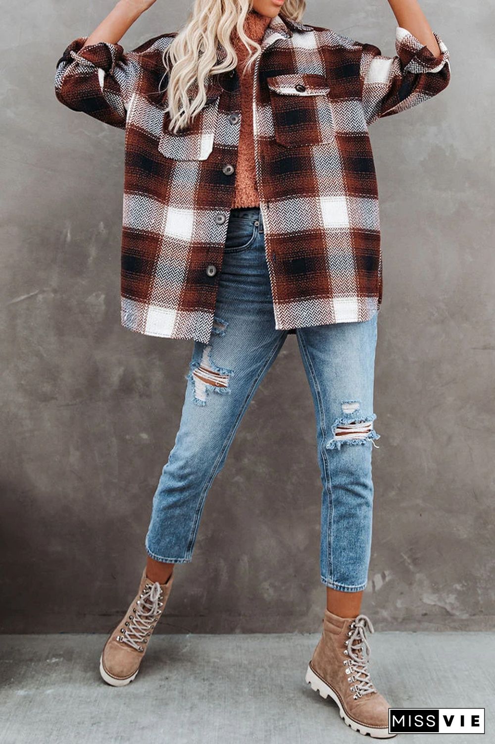 Plaid Pocket Open Button Jackets