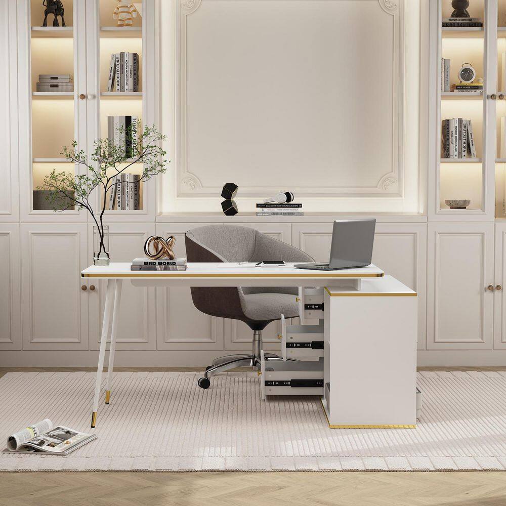 FUFUGAGA 55.1 in. Width L-Shaped White And Golden Wooden 3-Drawer Writing Desk Computer Desk with 2 Open Shelves LBB-KF020288-01