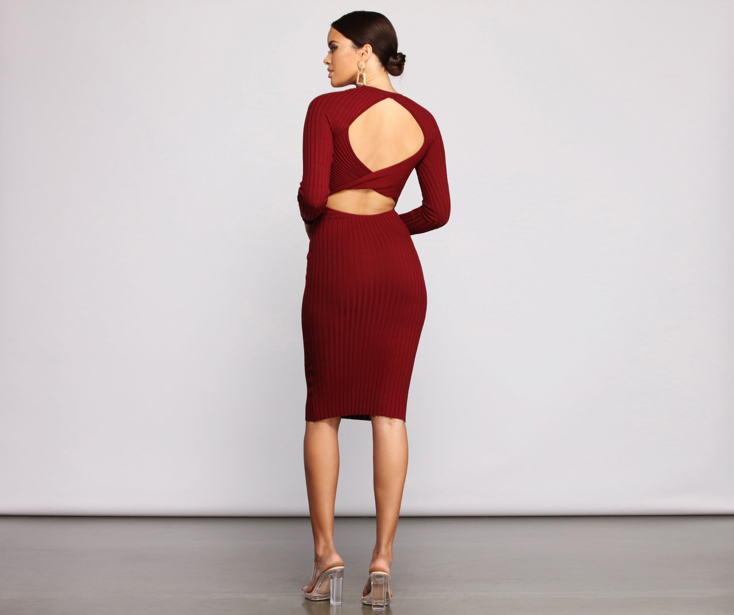 Trendy Twist Back Ribbed Knit Midi Sweater Dress