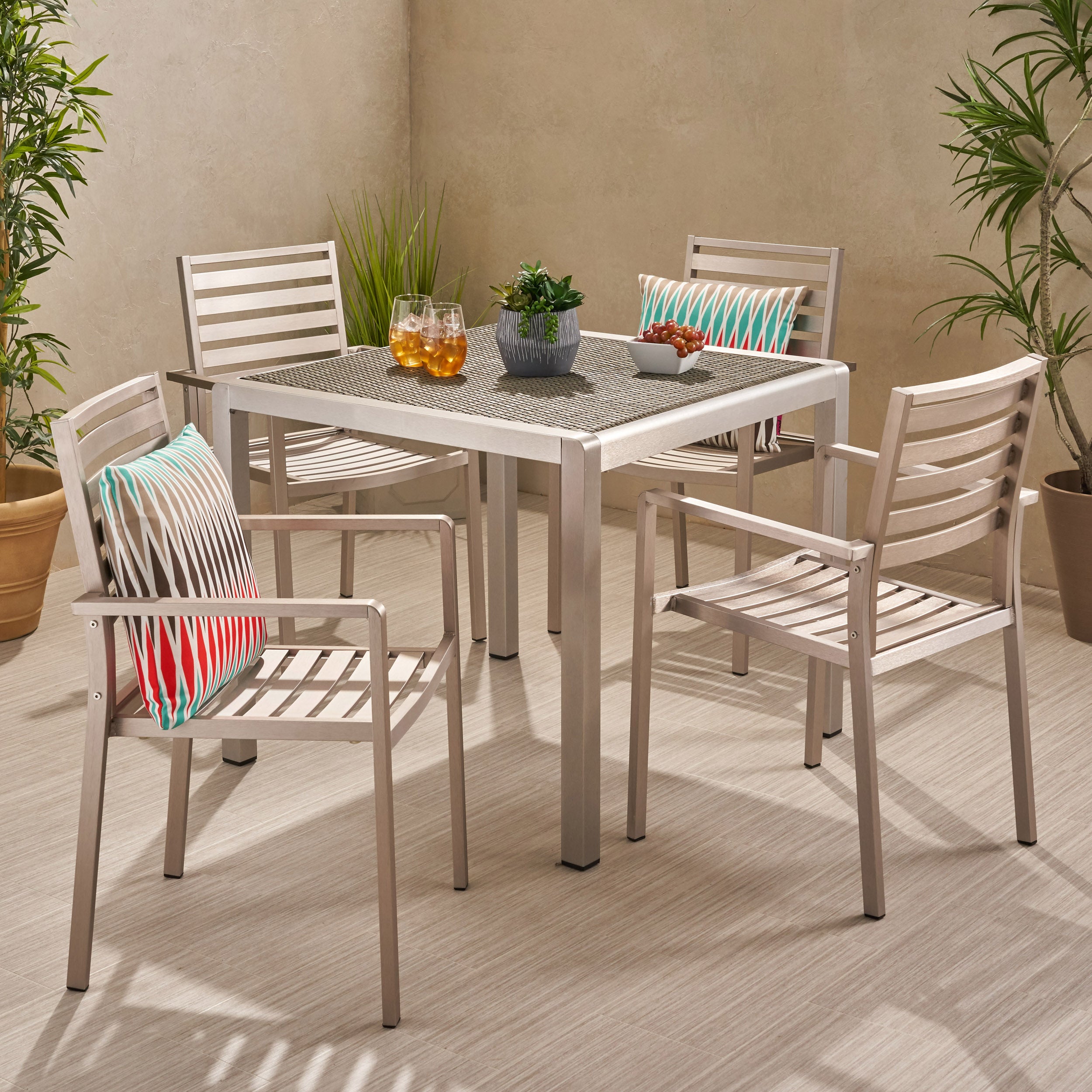 Cherie Outdoor Modern 4 Seater Aluminum Dining Set with Wicker Table Top