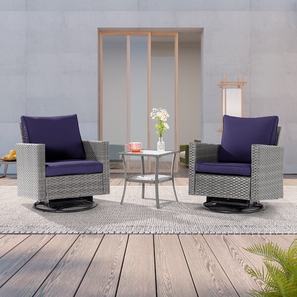 LIVOOSUN 3Piece Patio Sofa Set Gray Rattan Swivel Rocking Chair Glass Table