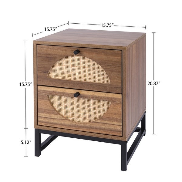 Rattan Nightstand Set of 2 End Table with 2 Drawers and Metal Legs