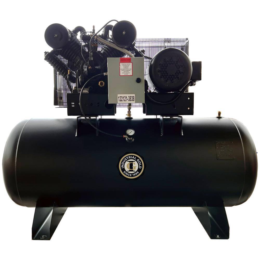 Industrial Gold 120 Gal. 10 HP Horizontal 3-Phase Low RPM 175 PSI Electric Air Compressor with Quiet Operation CI1023E120H