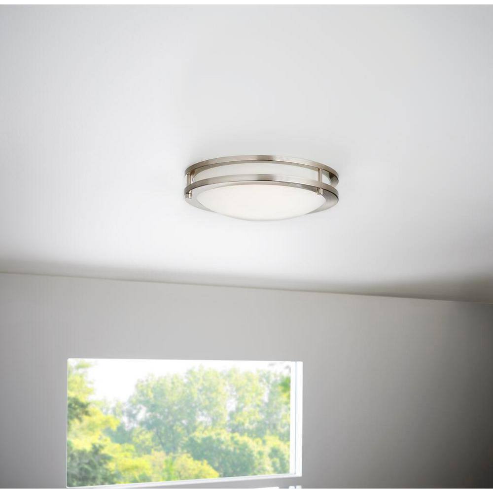 Hampton Bay Flaxmere 12 in. Modern Brushed Nickel Dimmable LED Integrated Flush Mount with Frosted White Glass Shade for Kitchen HB1023C-35