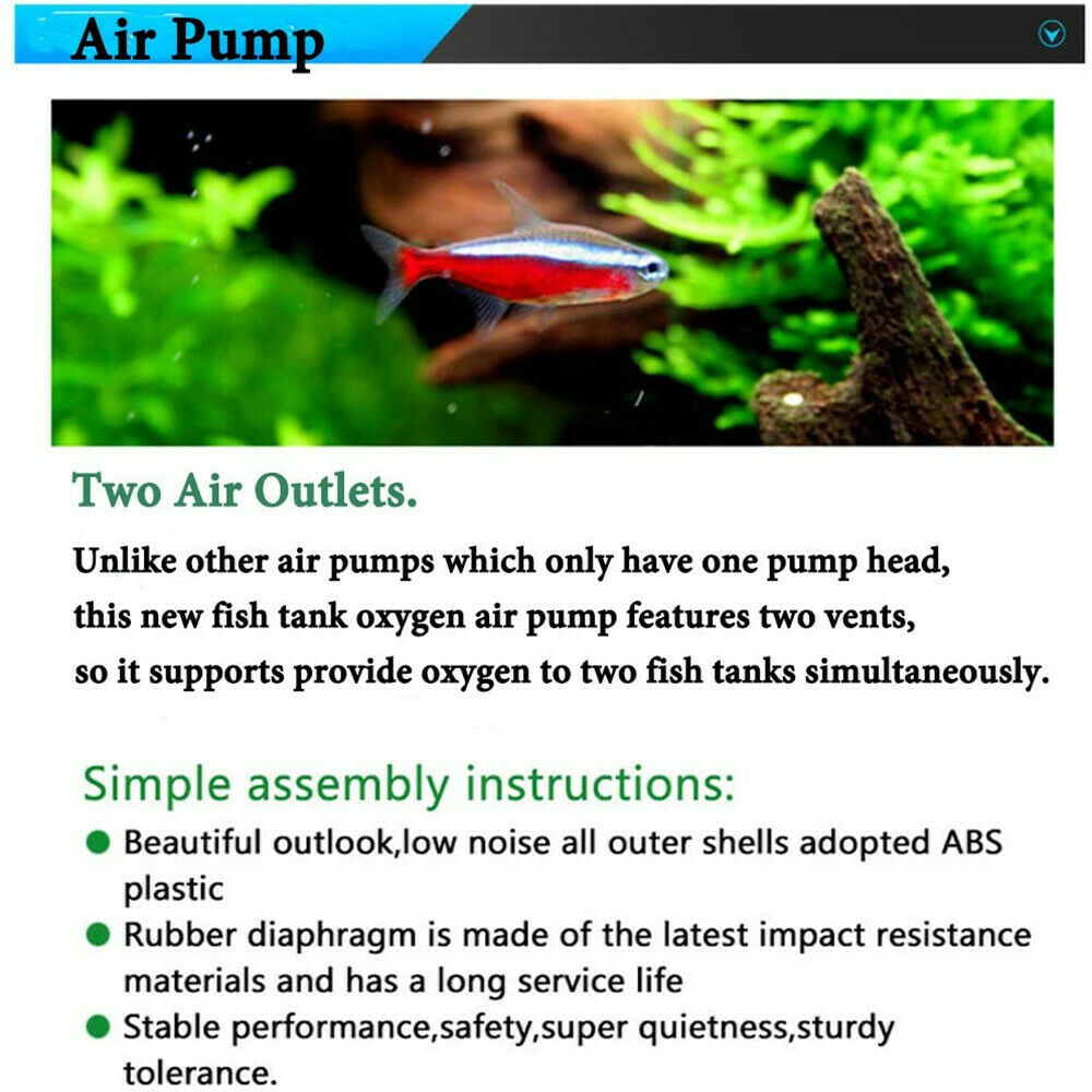 300 Gallon Silent Air Pump Aquarium Fish Tank Pump Hydroponic Oxygen 2 Outlets Pump with 2 Air Bubble Stone and Bubble Tube - MASCARRY