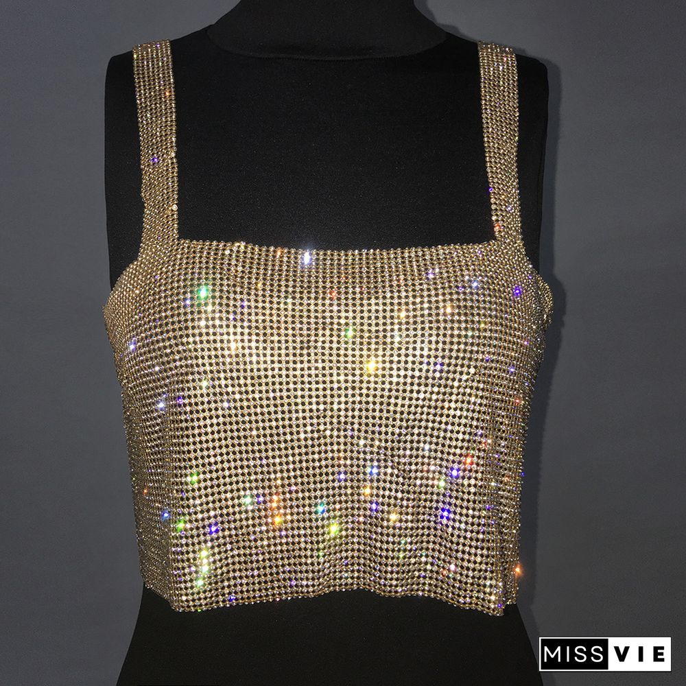 New Rhinestone Glitter Sexy Cami Tops Spaghetti Strap Backless Crop Tops Summer Club Sexy Elegant Draped Tank Top Female