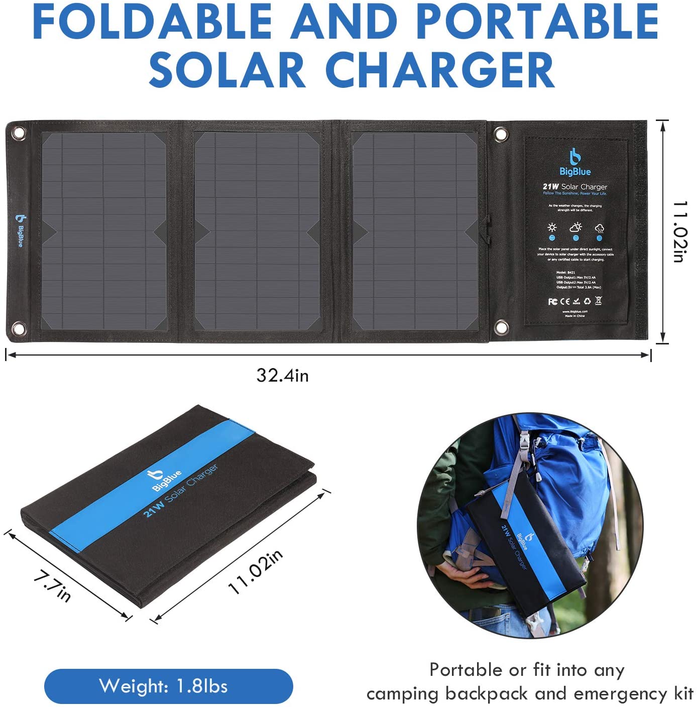 BigBlue 28W Solar Panel Charger, 3 USB Ports Portable Solar Panel with SunPower, Solar Charger for Cell Phone Hiking Camping Emergency Outdoors