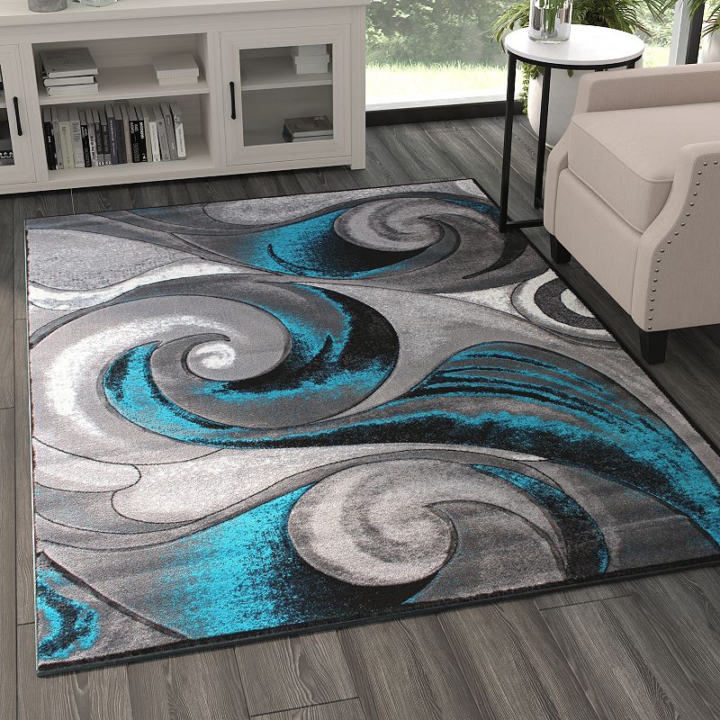 Masada Rugs Masada Rugs DaVincii Collection 5'x7' Modern Woven Area Rug with Hand Carved Wave Design in Turquoise - Design D410