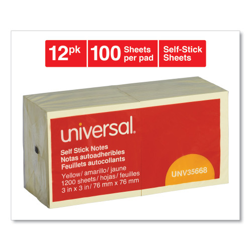 Universal Self-Stick Note Pads， 3 x 3， Yellow， 100-Sheet， 12/Pack (35668)