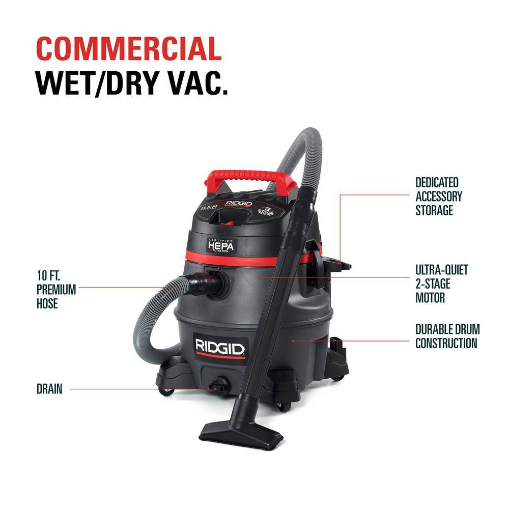 RIDGID 14 Gallon 2-Stage HEPA Commercial WetDry Shop Vacuum with Filter Dust Bag Professional Locking Hose and Accessories RV2400HF