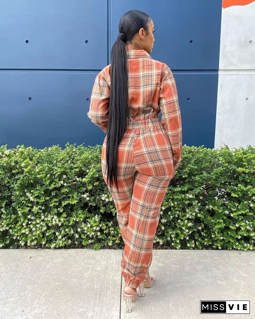 Plaid Print Long Sleeve Zipper One Piece Jumpsuit