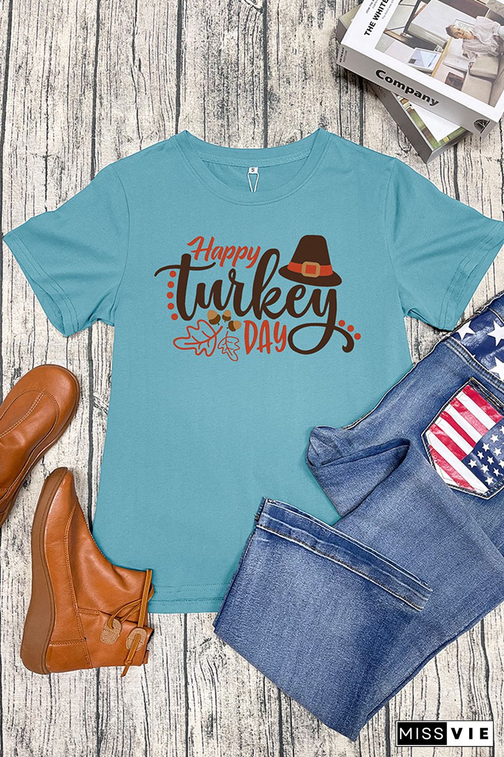 Happy Turkey Day Printed Graphic Tees for Women Wholesale Short Sleeve T shirts Top