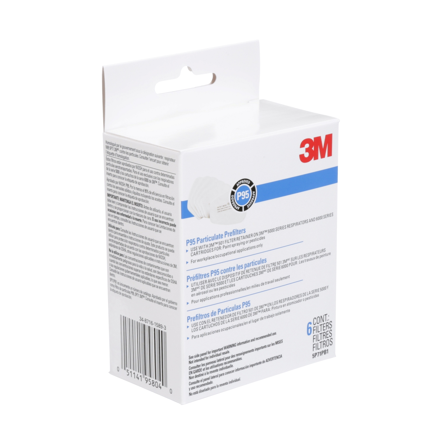 3M P95 Paint Spray and Pesticide Respirator Mask Replacement Filter 5000 White 6 pk