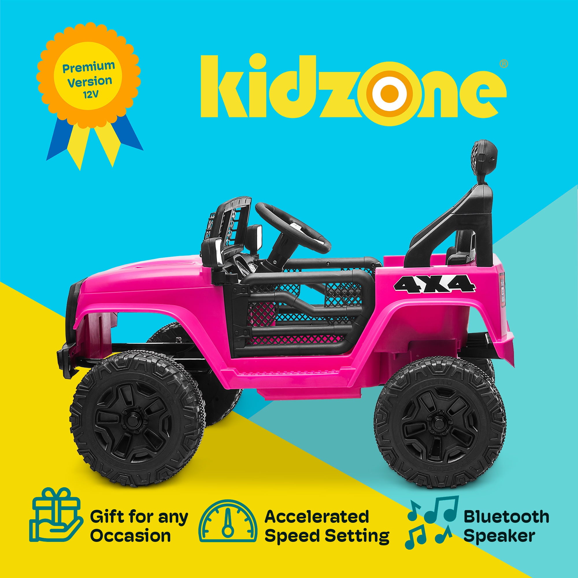 Kidzone 12V Battery Powered Electric Ride-on SUV Toy Vehicle for Boys & Girls, DIY License Plate, 4 Wheeler Quad Car, MP3, High Low Speeds, LED Lights, Bluetooth - Hot Pink