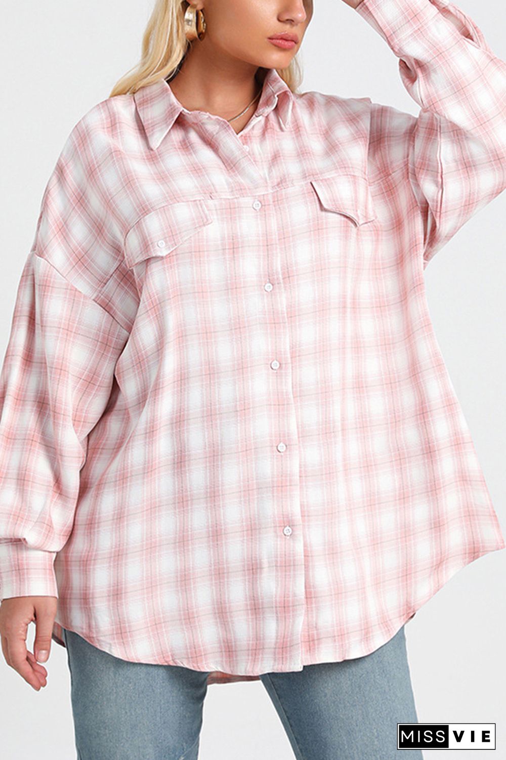 Plus Size Pink Plaid Shacket Loose Blouse Shirts Wholesale