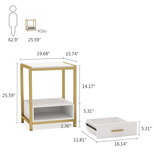 White and Gold Nightstand with Drawer and Storage Shelves