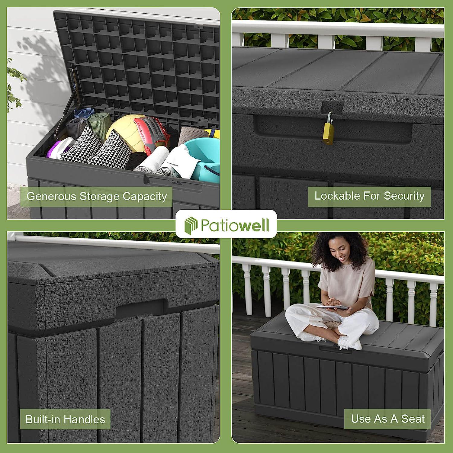 Patiowell 82 Gallon Resin Deck Box, Waterproof Large Wood Look Storage Box for Patio Furniture, Pool Accessories, Toys, Garden Tools and Sports Equipment, Lockable, Black