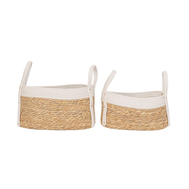 Set Of 2 Oblong Handled Baskets Seagrass amp White Cotton Rope By Foreside Home amp Garden