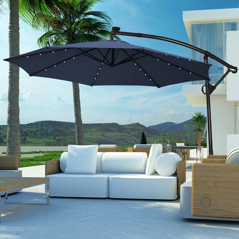 10 FT Patio Offset Umbrella with Solar Lights 360° Rotation Outdoor Market Umbrella with Crank Handle & Cross Base