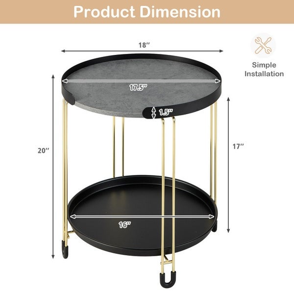 2-Tier Round Side Table with Removable Tray and Metal Frame for Small Space-Golden - 18