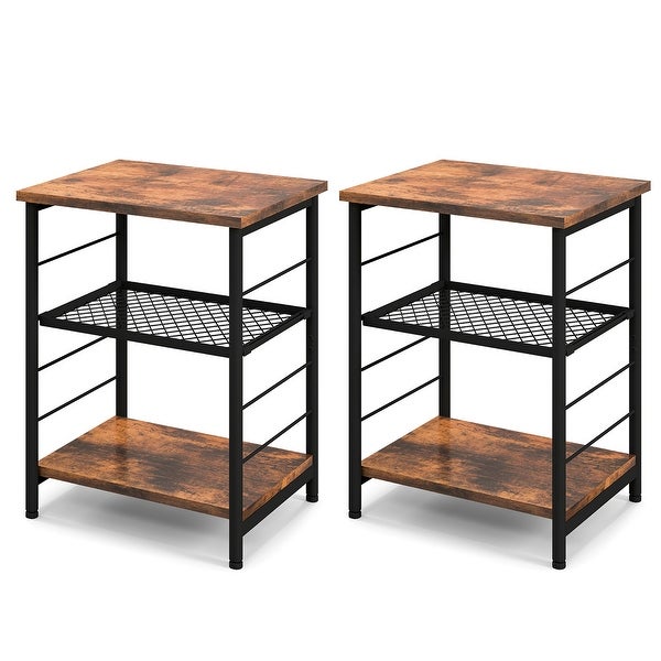 Costway 2 PCS 3-Tier Side End Table with Adjustable Mesh Shelf Narrow - 15'' x 12'' x 20'' (Lx Wx H)