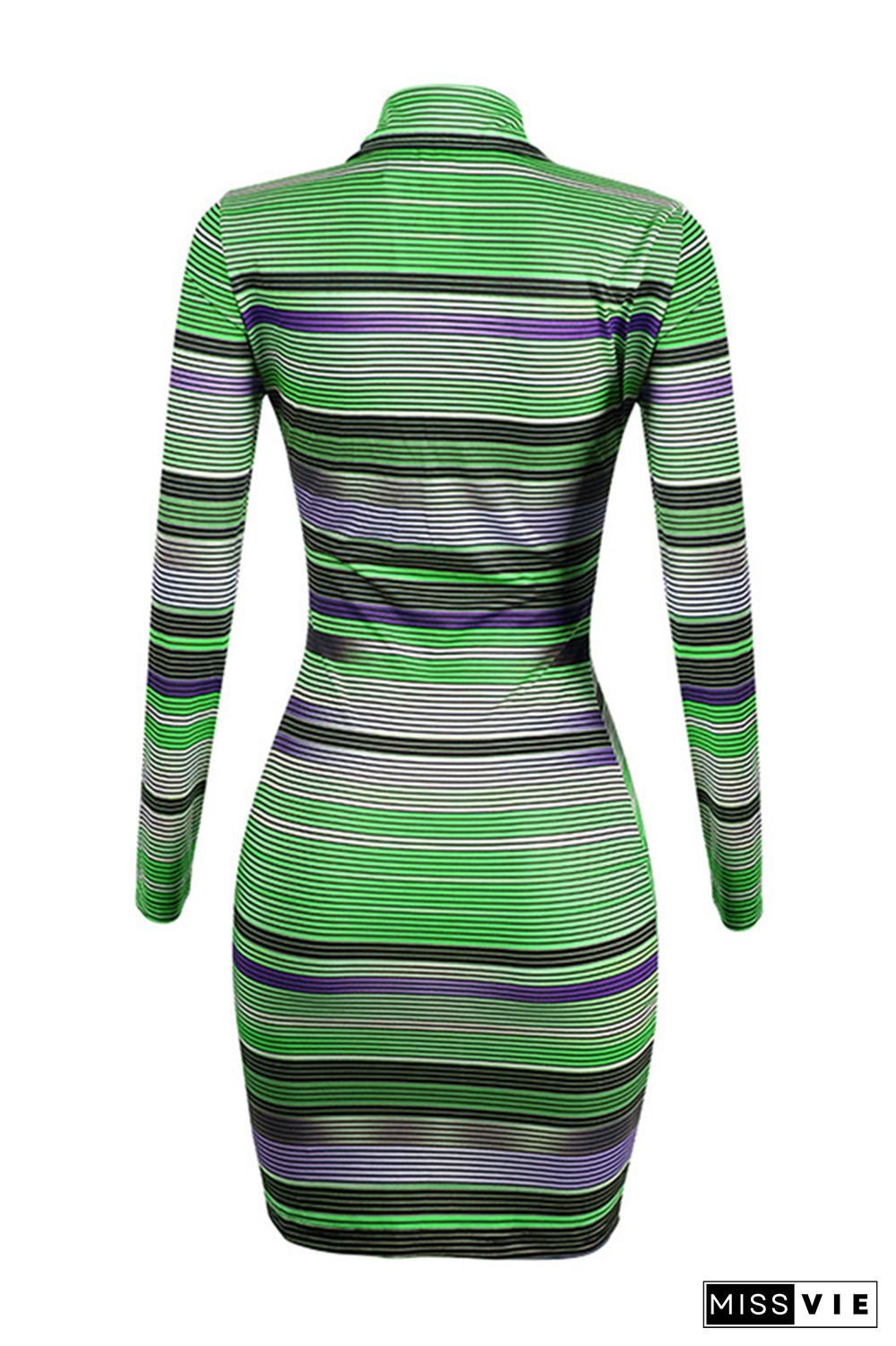 Multicolor Turn Down Neck Buttons Up Bodycon Long Sleeve Dress