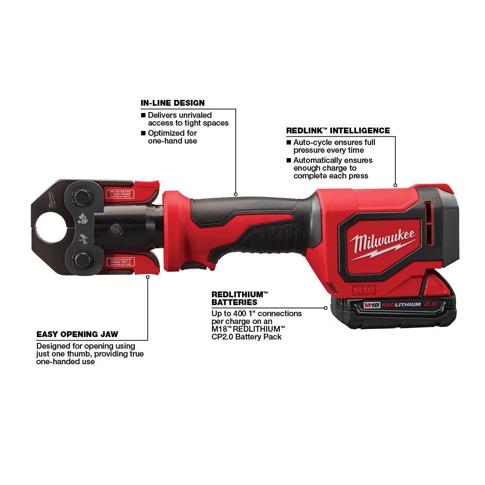 MW M18 18V Lithium-Ion Cordless Short Throw Press Tool Kit with 3 PEX Crimp Jaws (2) 2.0 Ah Batteries and Charger 2674-22C